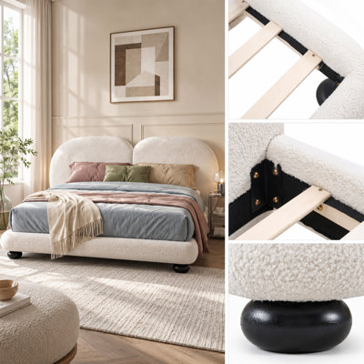 Extra Thick Upholstered Platform Bed Frame with Luxury Split Headboard, Teddy Fleece Fabric, 800 lbs Heavy Duty, Easy Assembly, White, King