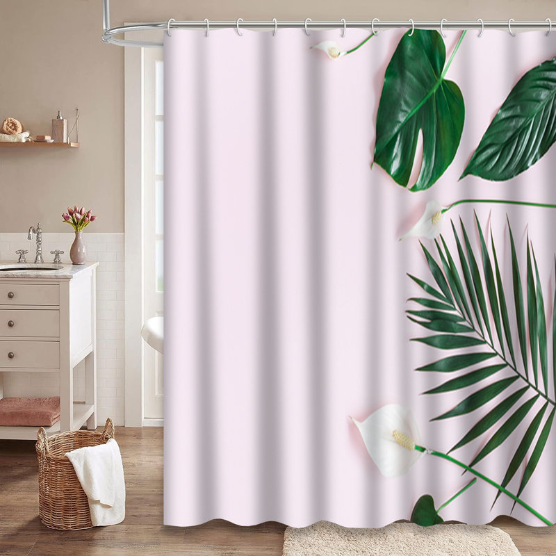 Rideau de douche tropical à feuilles vertes et fleurs blanches avec 12 crochets, L 72 po x l 72 po
