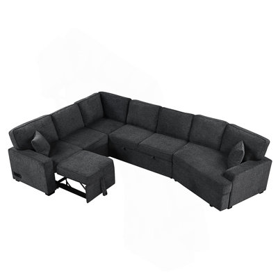 126" L-Shaped Sofa Sectional Sofa Couch Pull-Out Sofa Bed With Charging Devices And Cup Holders For Living Room by Red Barrel Studio
