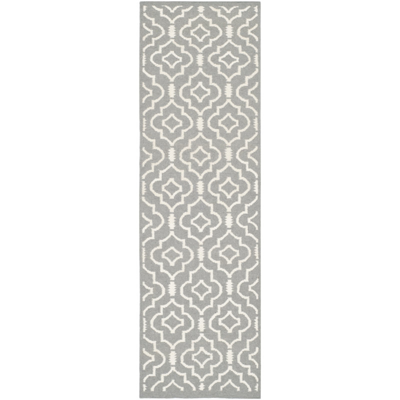 Waucoma Hand Woven Flat Weave Wool/Cotton Geometric Rug in Ivory/Gray, Runner 2'6" x 10'