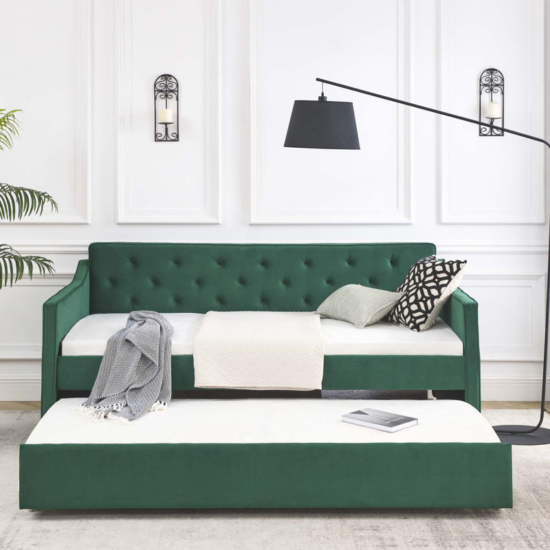 Lit de jour avec canapé-lit capitonné de taille simple avec accoudoirs ondulés, Vert