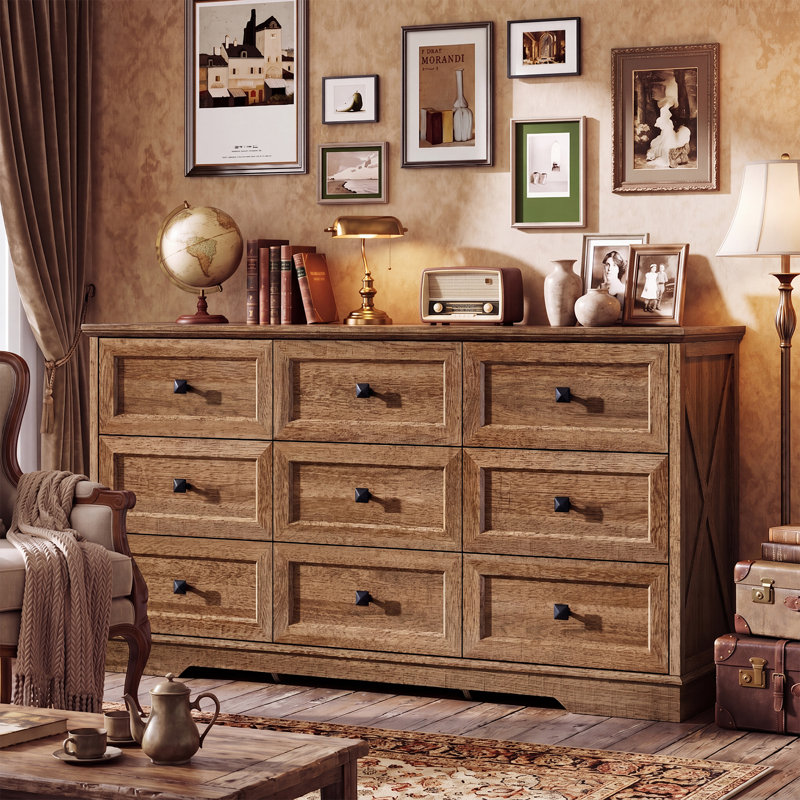 9 Drawer Dresser for Bedroom, Wide 59" Farmhouse Storage Cabinet, Wooden Double Dresser with Deep Drawers, Organizer for Family Use