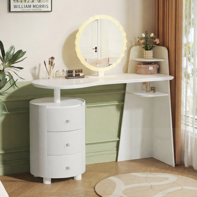 Dressing Table With 3-Color LED Round Mirror And Rotatable 3-Tier Cylindrical Storage Cabinet