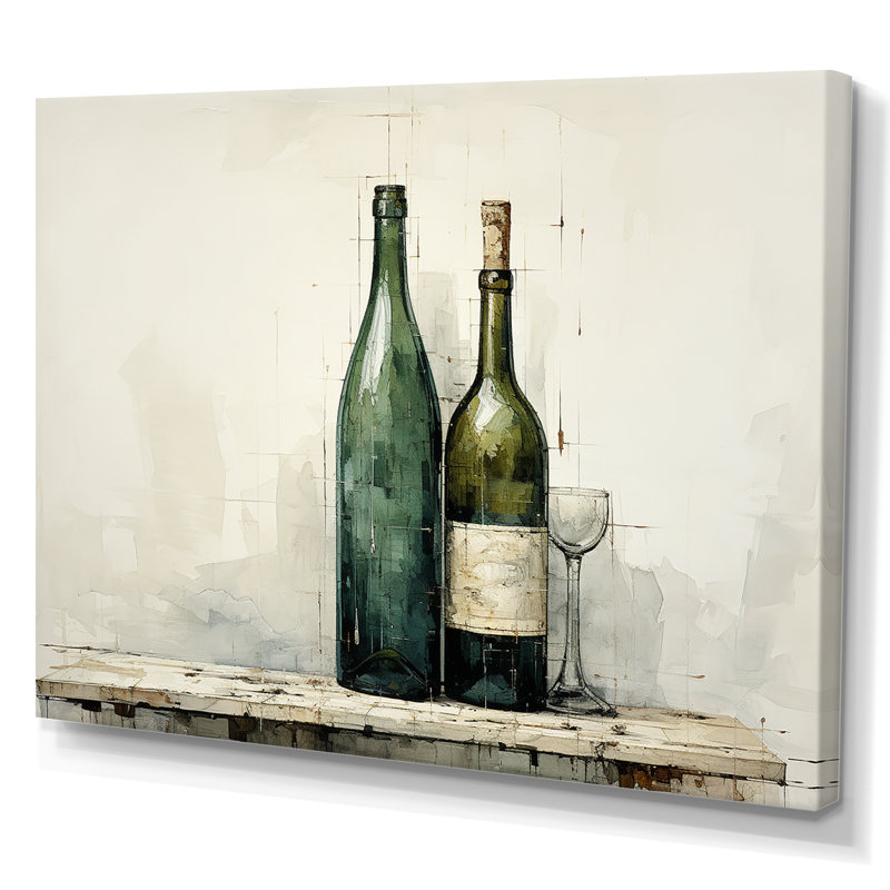 «Green Minimalist Wine Bottles Silhouette I», art mural vin, H 24 po x l 32 po x P 1 po, Toile tendue