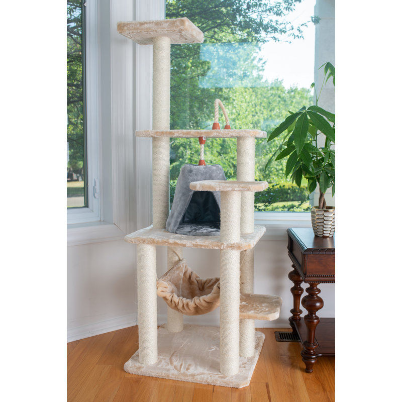 Beige Faux Fur 65'' Cat Tree with Hammock and Condo