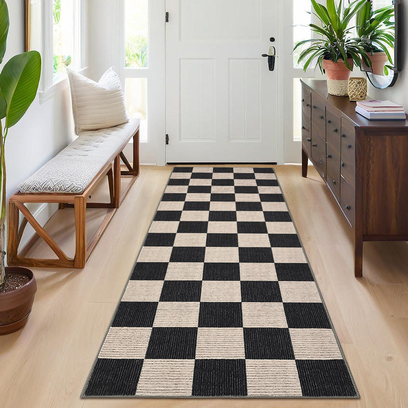 Tapis lavable à damier avec envers antidérapant, Noir, 2 x 6 pi
