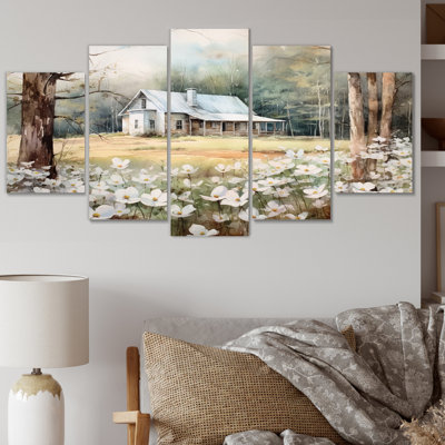 Cornouiller blanc et gris à la ferme II - Décoration murale paysages - 5 panneaux