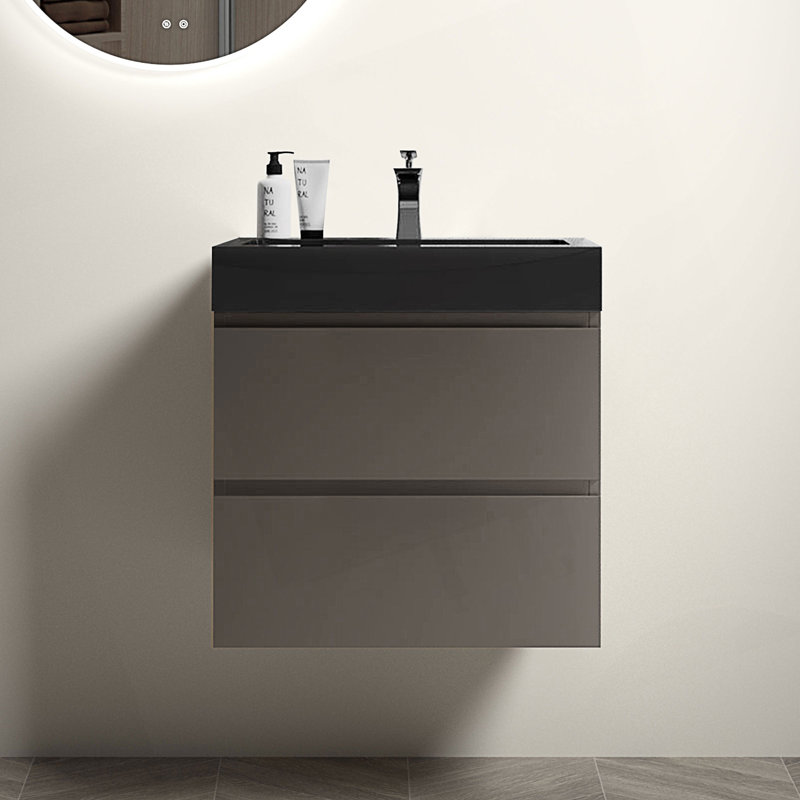 Meuble-lavabo mural avec lavabo, meuble-lavabo flottant mural, 24", Gris/noir