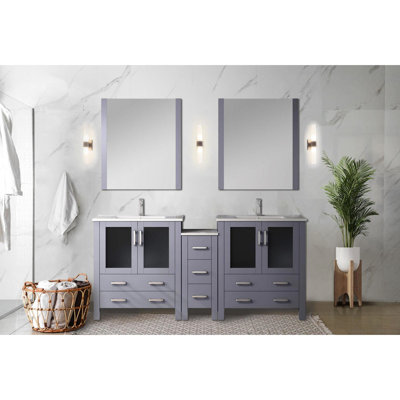 72 In. W Double Bath Vanity Of Dark Grey Color, White Ceramic Top, 28 Mirrors, Soft - Close Functionality, Ample Storage In Interior Cabinets And Drawers Wide, Tone, Feature, Abundant