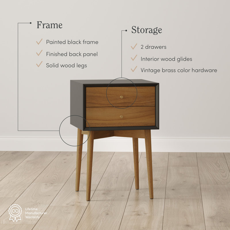 2-Drawer Wood Nightstand with Storage, Brown/Black