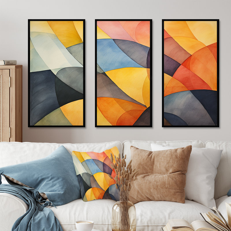 Carreaux géométriques aux couleurs douces II - Art mural géométrique, H 28 po x l 36 po x P 1 po, Cadre flottant noir