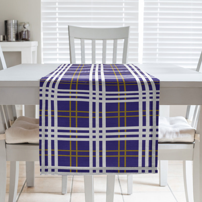 Football Luxury Plaid Table Runner, 16" L x 90" W, Purple/Metallic Gold/White