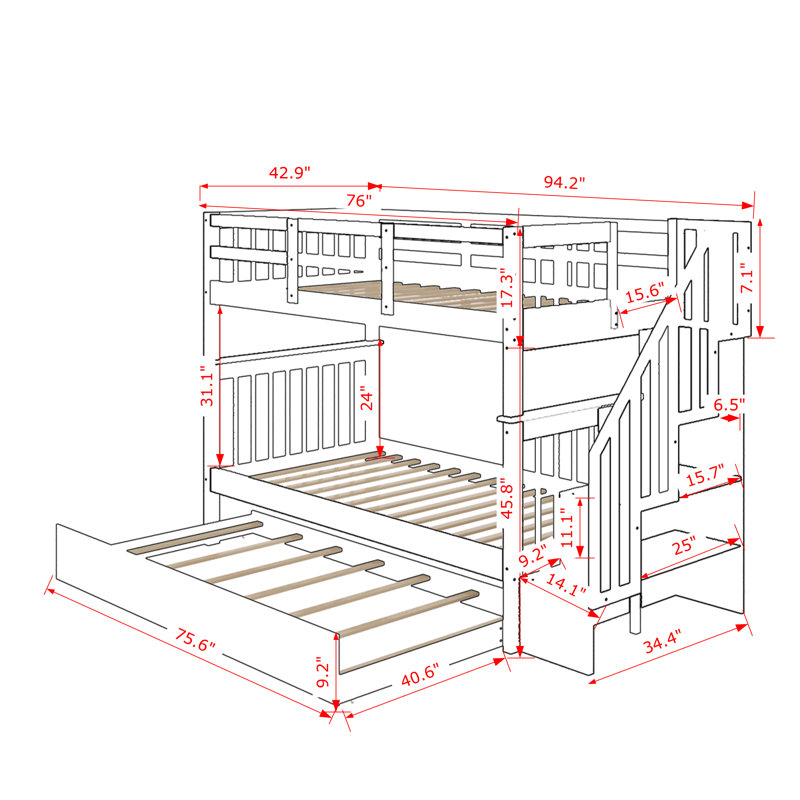 Fazer Kids Twin Over Twin Bunk Bed with Trundle, White