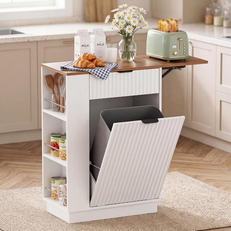 Armoire à ordures inclinable 10 gallons avec rallonge, tiroir et 3 tablettes latérales, blanc