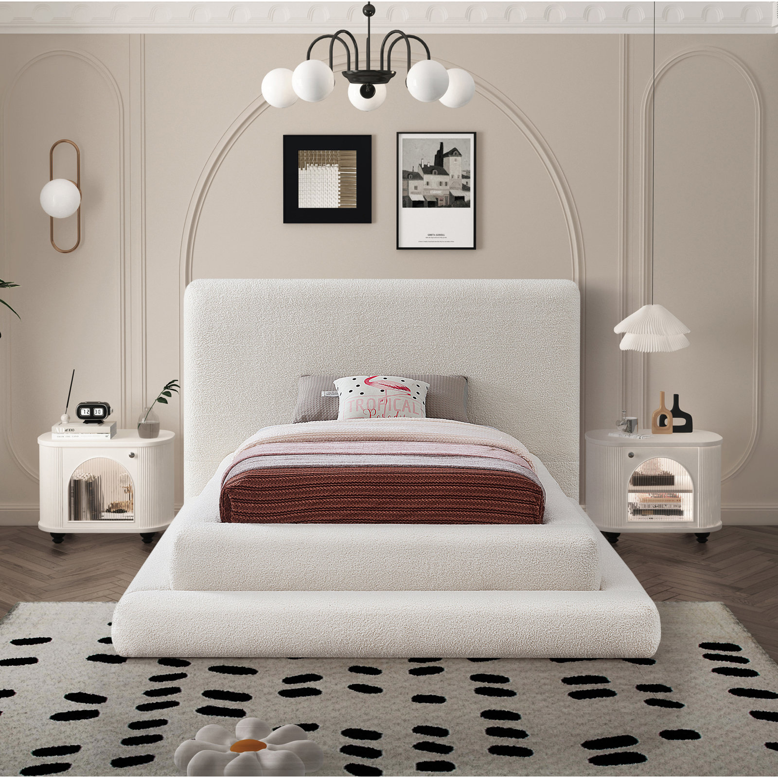Hoffarth Upholstered Bed, Twin, Cream Faux Shearling Teddy Fabric
