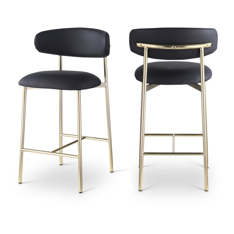 Lupita Vegan Leather Counter Stool, Black Vegan Leather, Brushed Gold