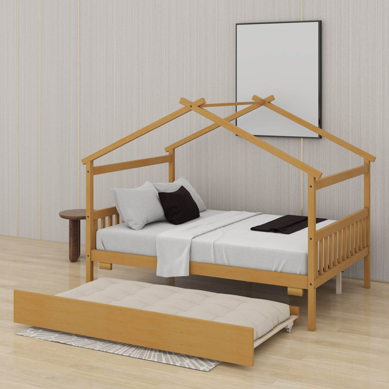 Lit double en bois avec lit gigogne simple, Naturel, Double