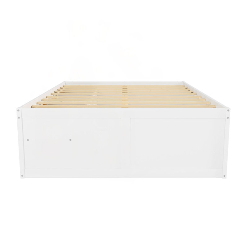 Grand lit plateforme en bois avec bibliothèque, présentoir, lumière DEL et tiroir, blanc et naturel, Queen, White/Natural