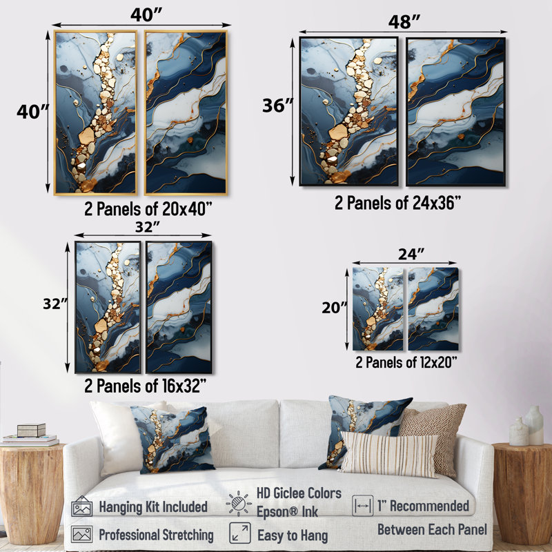 Bleu et or rivière de marbre II - décoration murale moderne, Brun, H 36 po x l 48 po, Impression encadrée flottante