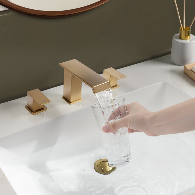 Waterfall Widespread Bathroom Faucet with Drain Assembly, Brushed Gold