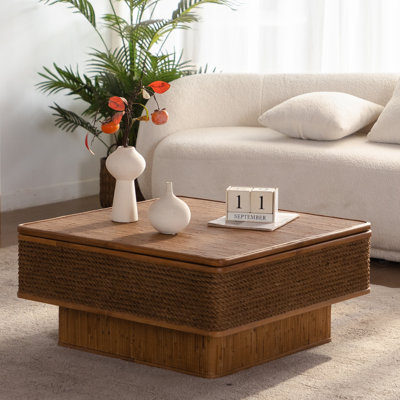 Table basse carrée en corde de rotin et de chanvre avec rangement réglable, style rétro pour la salle à manger, la cuisine et le salon