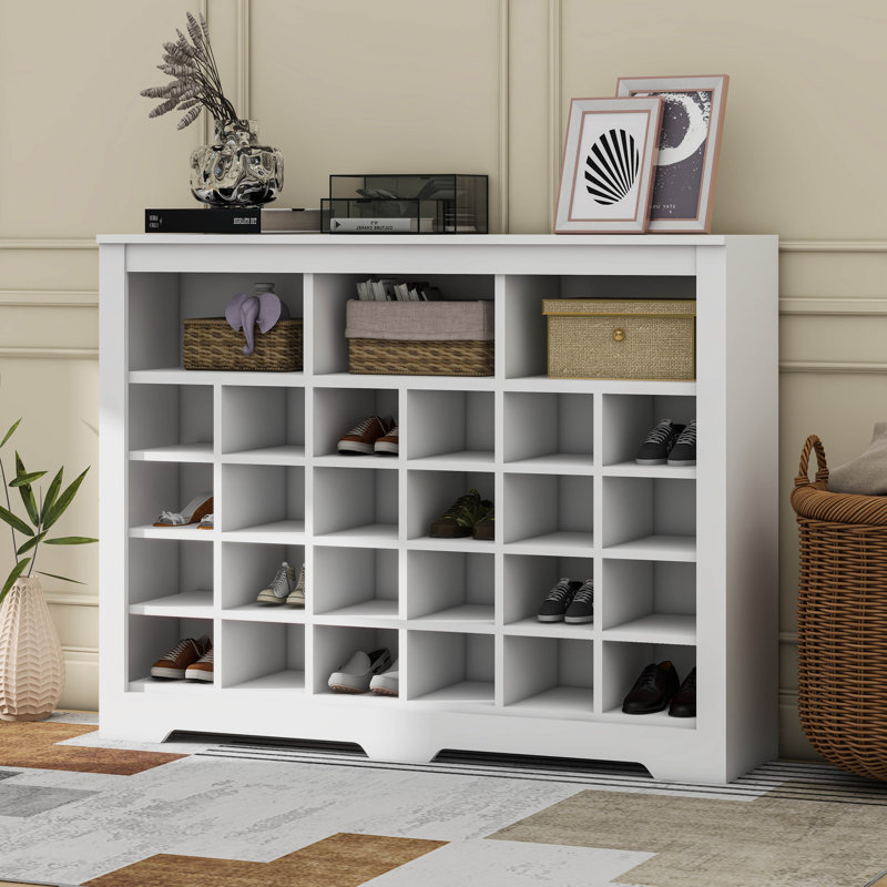 Sleek Design 24 Shoe Cubby Console, Modern Shoe Cabinet With Curved Base, White