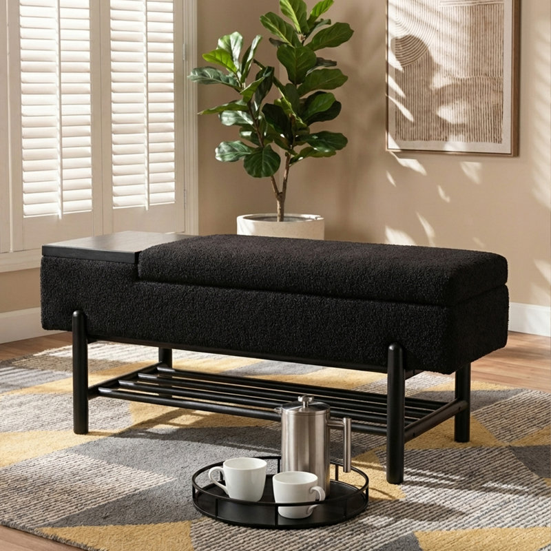 Mehrie Fabric Upholstered Storage Bench, Black