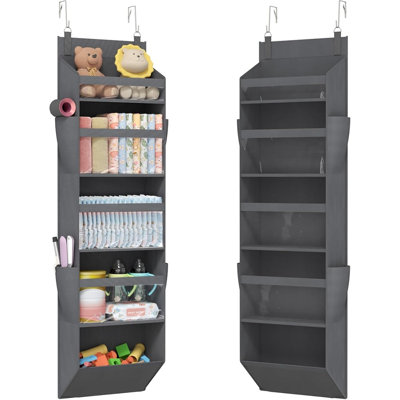 Over The Door Organizer, Clear Window Hanging Storage With 4 Mesh Side Pockets, Anti Tilt 40 Lbs Load Behind Door For Pantry, Nursery, Bathroom, Bedroom, Dorm, 5 Section, Gray