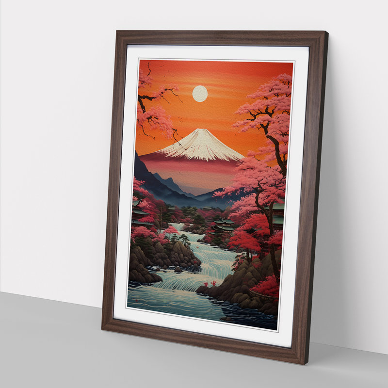 Japanese Sunset Contemporary - Single Picture Frame Print on Wood, Walnut Framed, 34cm H x 25cm W x 2cm D
