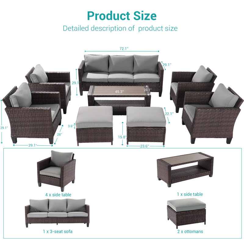 Kintuillang 9 - Person Patio Conversation Set with Cushions, Gray