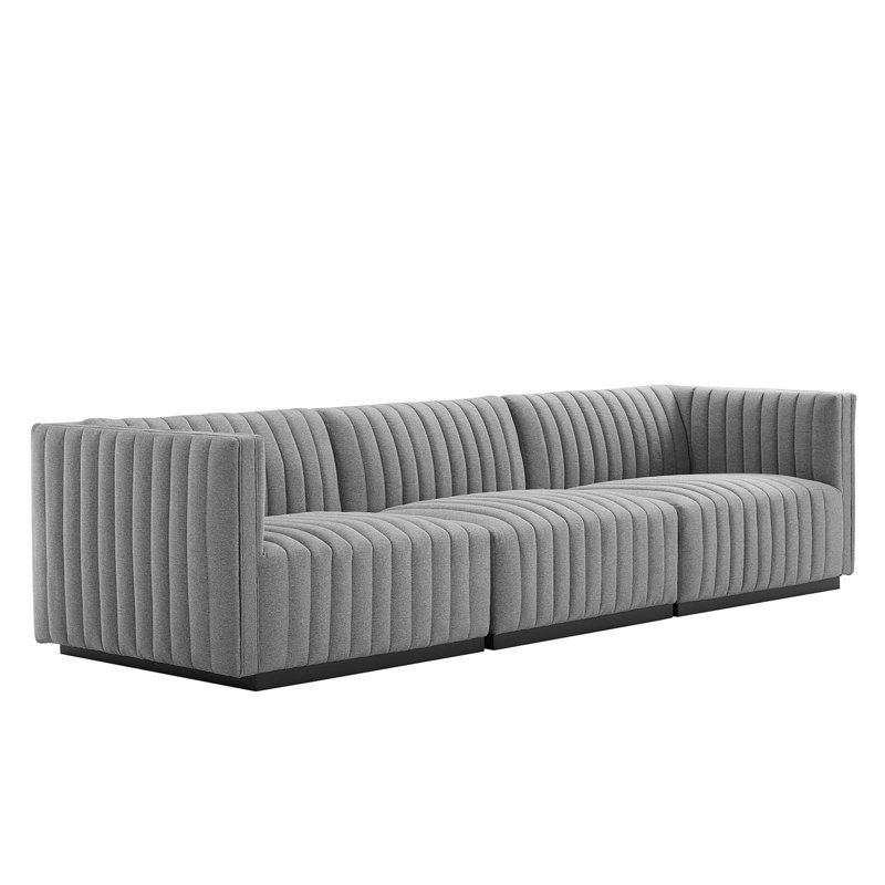 Conjure Channel Tufted Sofa by Modway, Black, Light Gray Velvet, 28" H x 119" W x 41.5" D