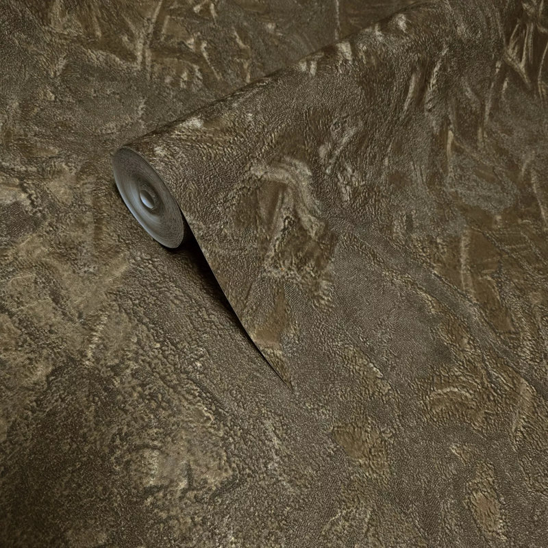 Papier peint contemporain brun, bronze, faux métal, faux plâtre texturé