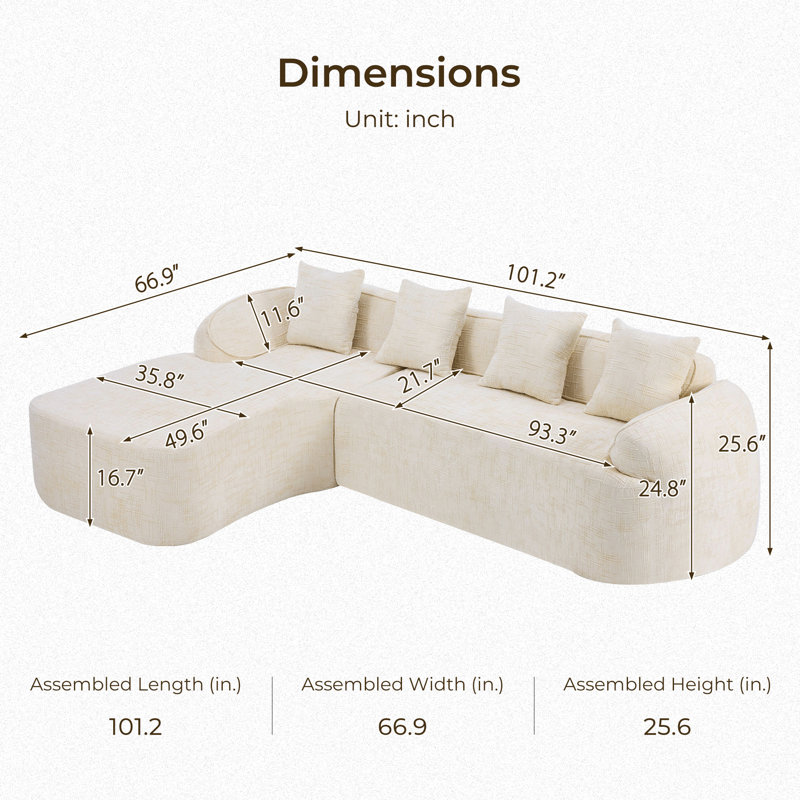 Chenille Boneless L-shaped Sectional Sofa With Curved Armrests And 4 Pillows, , Space-saving Compressed Design, Left-facing