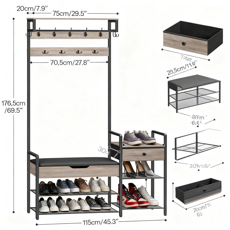 Arbre d'entrée avec banc et rangement | Organisateur de vestibule 5-en-1 avec portemanteau, rangement pour chaussures, siège rembourré en polyuréthane et boîte de rangement rabattable pour l'organisation du vestibule et du couloir