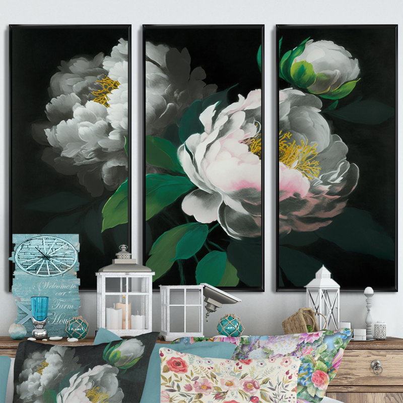 Blooming White Peony III " Blooming White Peony III " 3 - Pieces, Black, 28" H x 36" W x 1" D