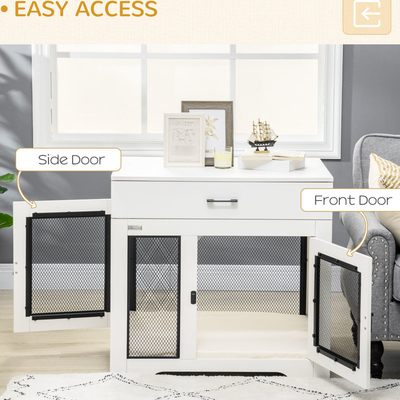 Table de bout pour cage de chien avec coussin et tiroir d'organisation, blanc, petit tiroir pour chien