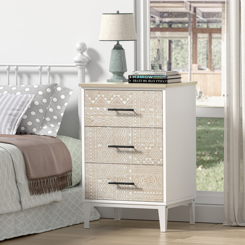 Lataja 3-Drawer Nightstand 28"H End Table White frame carved surface