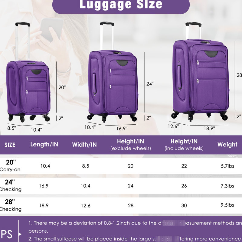 Ensemble de 3 valises extensibles en mauve - Softshell avec sac de voyage et roulettes d'organisation extensibles à 360 degrés