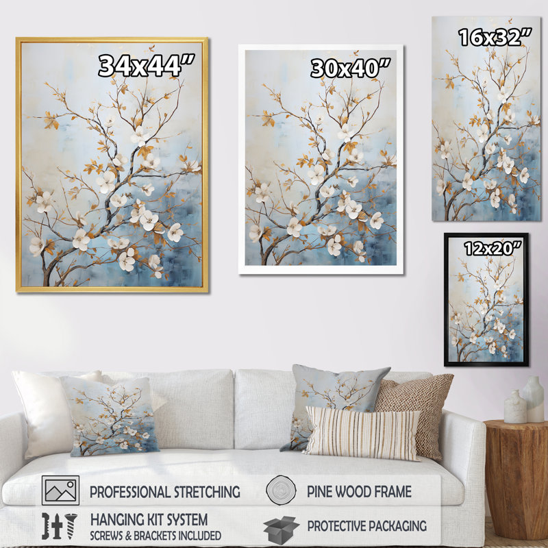 Blanc cornouiller Blossom Dreams V sur toile, Cadre flottant doré, H 32 po x l 24 po x P 1 po