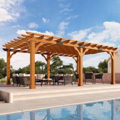  12' x 20' Cedar Pergola with Trellis Roof, Weather-Resistant Supports & Anchoring Stakes, Brown
