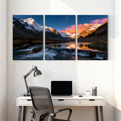Scenic & Cityscapes Mountain River Sunset Reflection Landscape Canvas Art Print Set of 3 Canvas Wall Art Prints