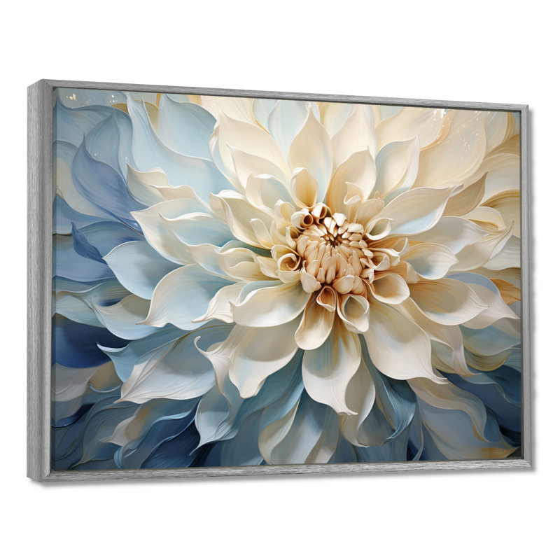 Blanc et bleu fleur de dahlia minimalisme - art mural dahlia, H 34 po x l 44 po x P 1,5 po, Encadrement argenté