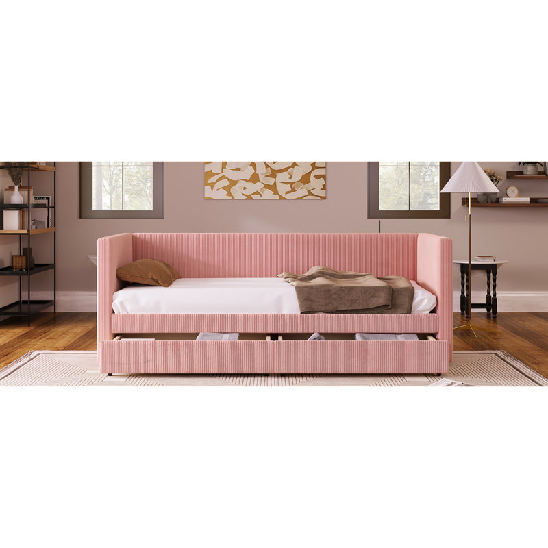 Lit de jour simple en velours côtelé rose avec deux tiroirs, support de lattes en bois massif, capacité de rangement accrue, pas de sommier tapissier, amplement d'espace pour la literie