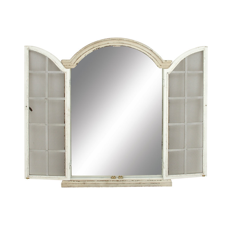Cream Wood Windowpane Arched Wall Mirror with Distressed Finish