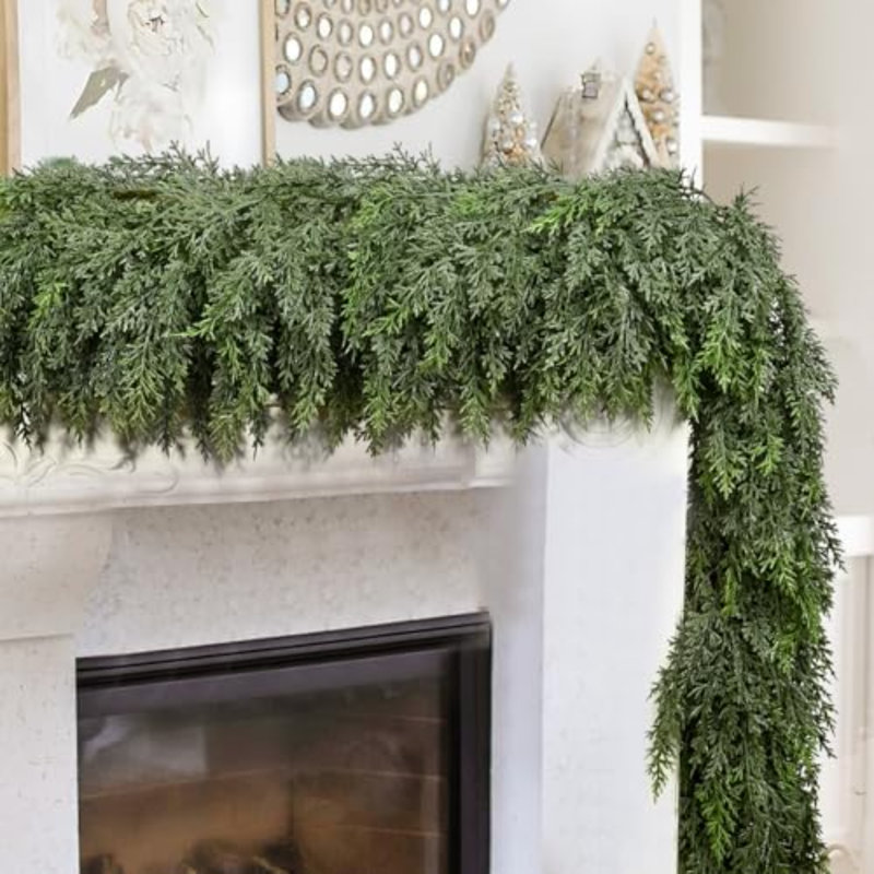 12FT Thick Christmas Garland with 300 Cedar Branches, Real Touch Green Cedar Garland for Christmas Decorations, Artificial Greenery Garland for Table, Mantle, Wall, Indoor, Outdoor Holiday Décor