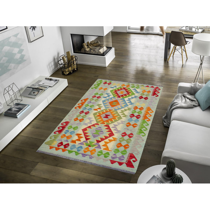 Tapis beige en laine à motif géométrique rectangulaire fait à la main 3 pi 4 po x 4 pi 10 po Kemontez