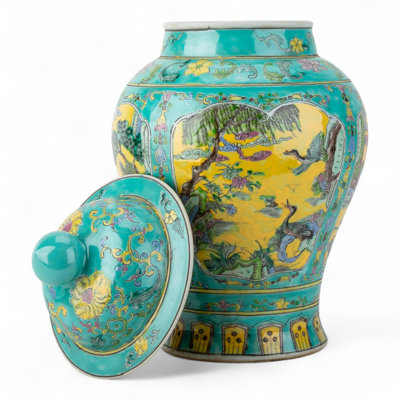 Yellow Floral Porcelain Temple Jar with Lid