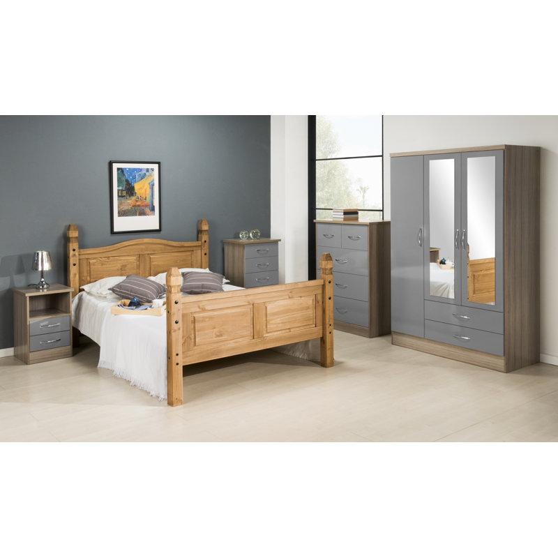 Cascio 2 Drawer Bedside Table, Grey Gloss/Light Oak Effect Veneer