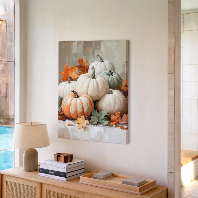 Blanc, orange et sauge, citrouille rustique, automne, nature morte, art mural sur toile, prêt à accrocher, galerie, décoration moderne