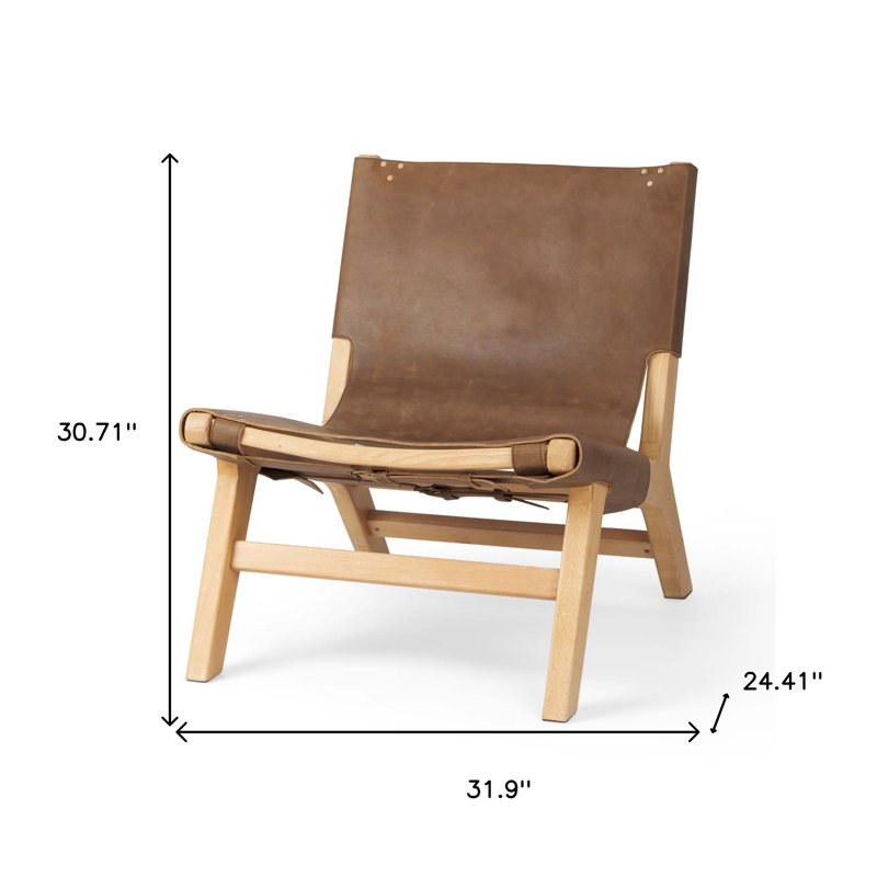  Fauteuil de chambre brun en cuir véritable, Brown, Natural Wood